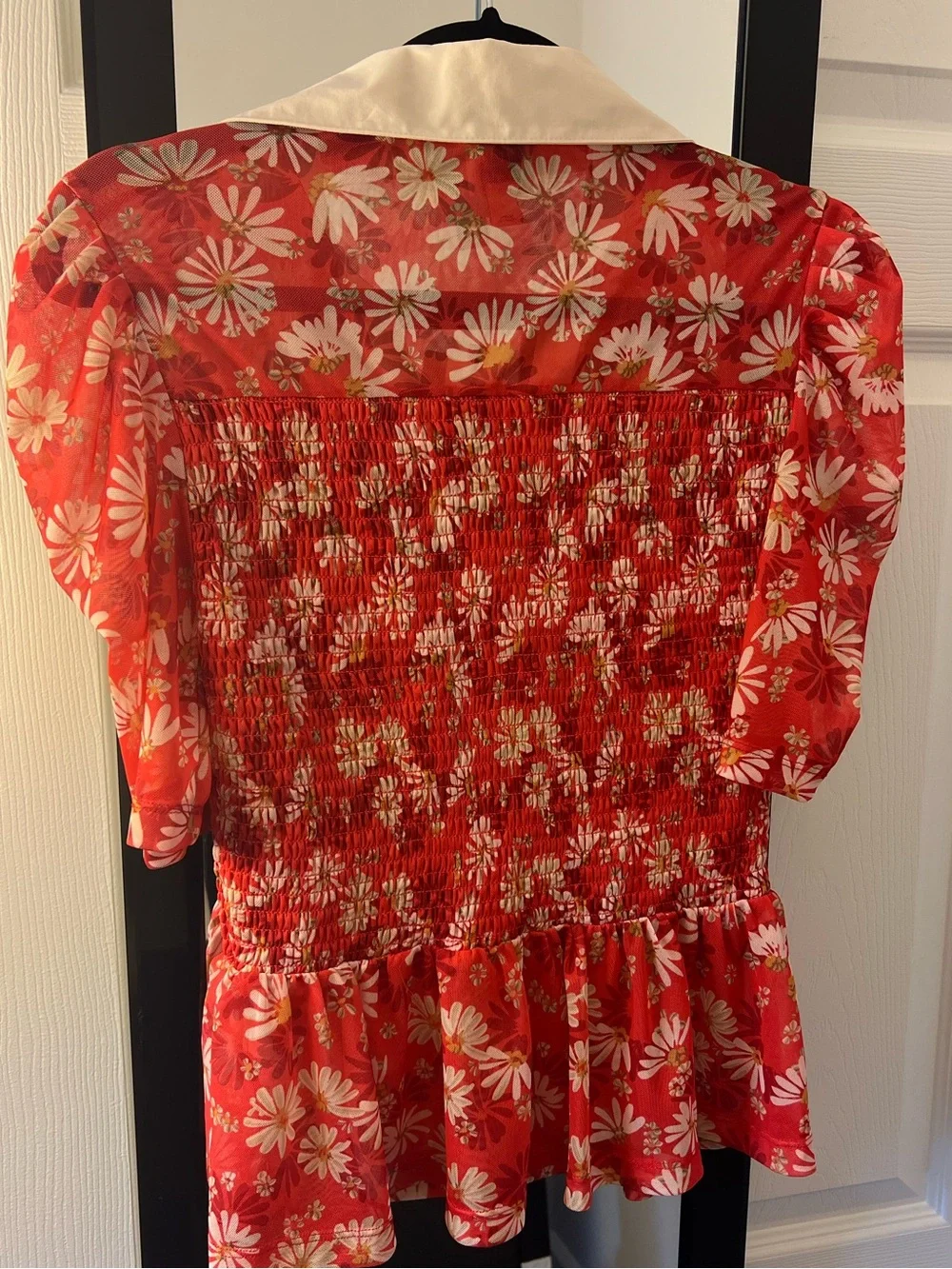 Maeve Red Floral Smocked & Collared Peplum Top